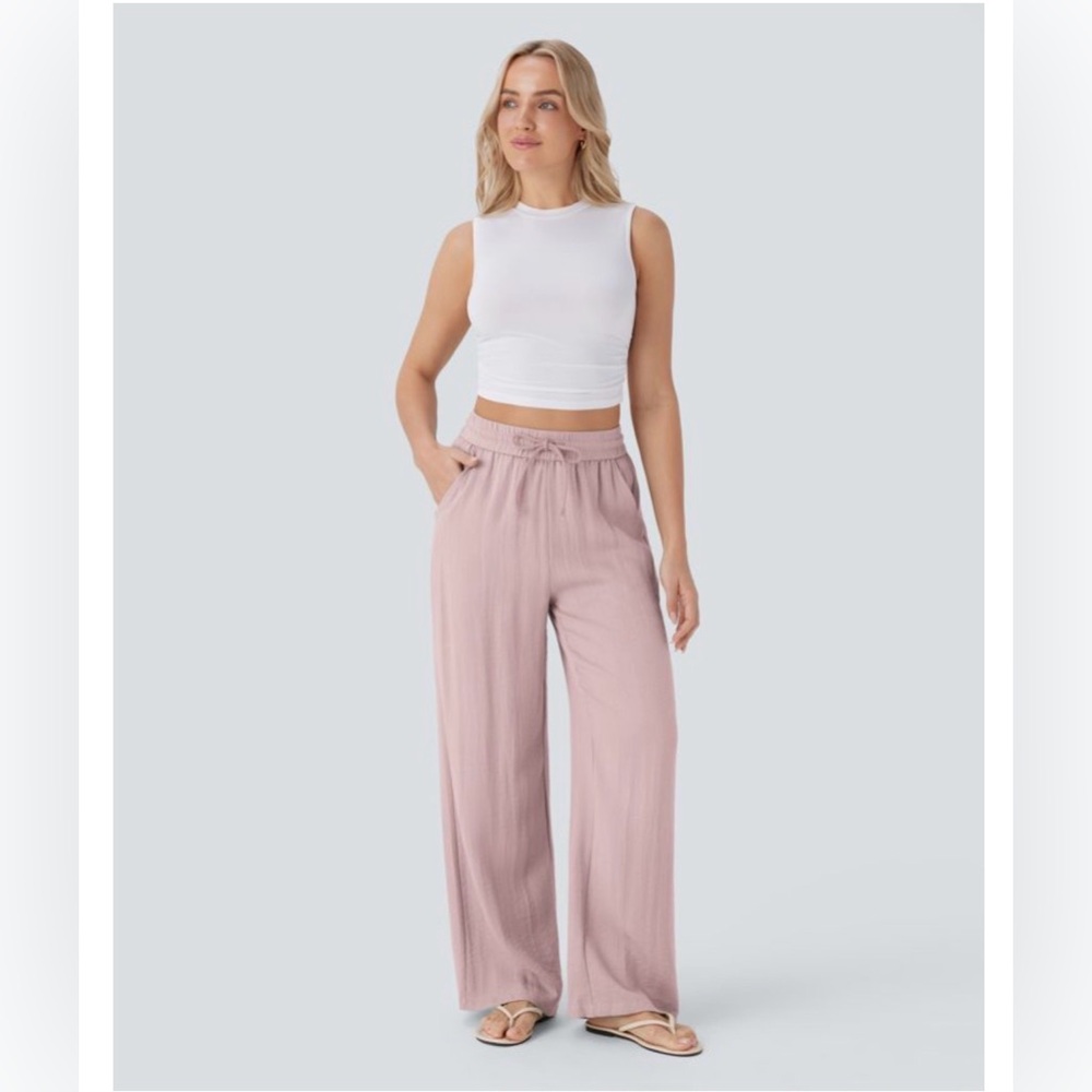 Halara High Waisted Drawstring Pocket Wide Leg Casual Linen-Feel Pants